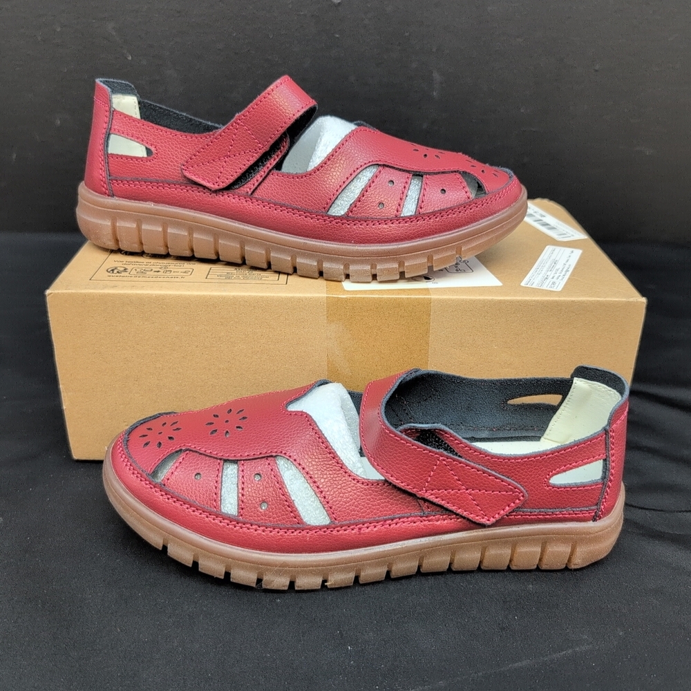 Women's Leather Soft Sole Adjustable Strap Loafers Sandal 36 Burgundy